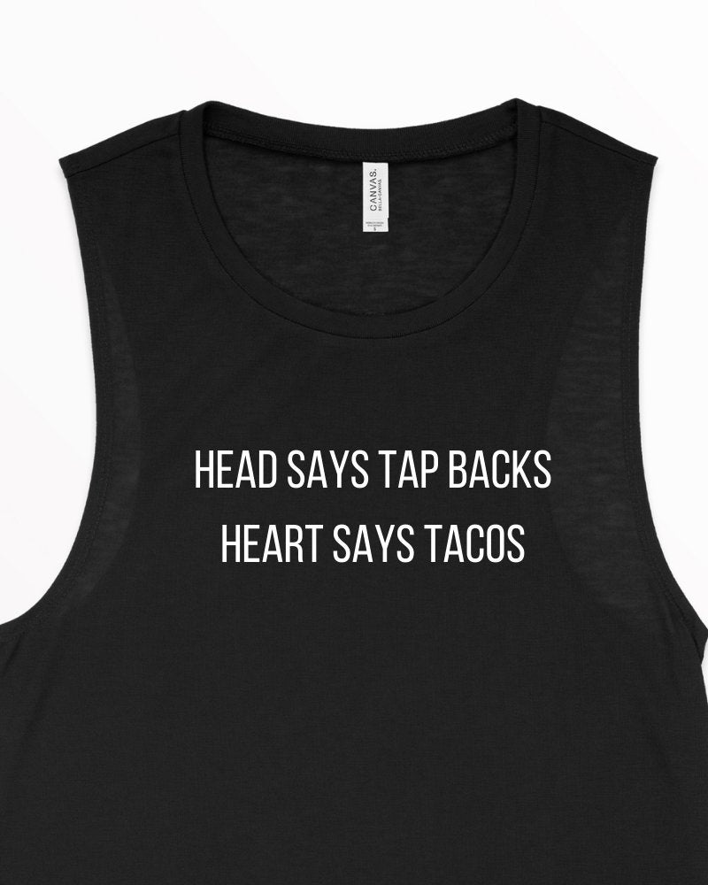 Women's Gym Tank, Women's Cycling Tank, Cycling Instructor, Fitness Instructor Tank, Indoor Cycling, Head says Tap Backs, Heart Says Tacos