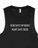 Load image into Gallery viewer, Women&#39;s Gym Tank, Women&#39;s Cycling Tank, Cycling Instructor, Fitness Instructor Tank, Indoor Cycling, Head says Tap Backs, Heart Says Tacos
